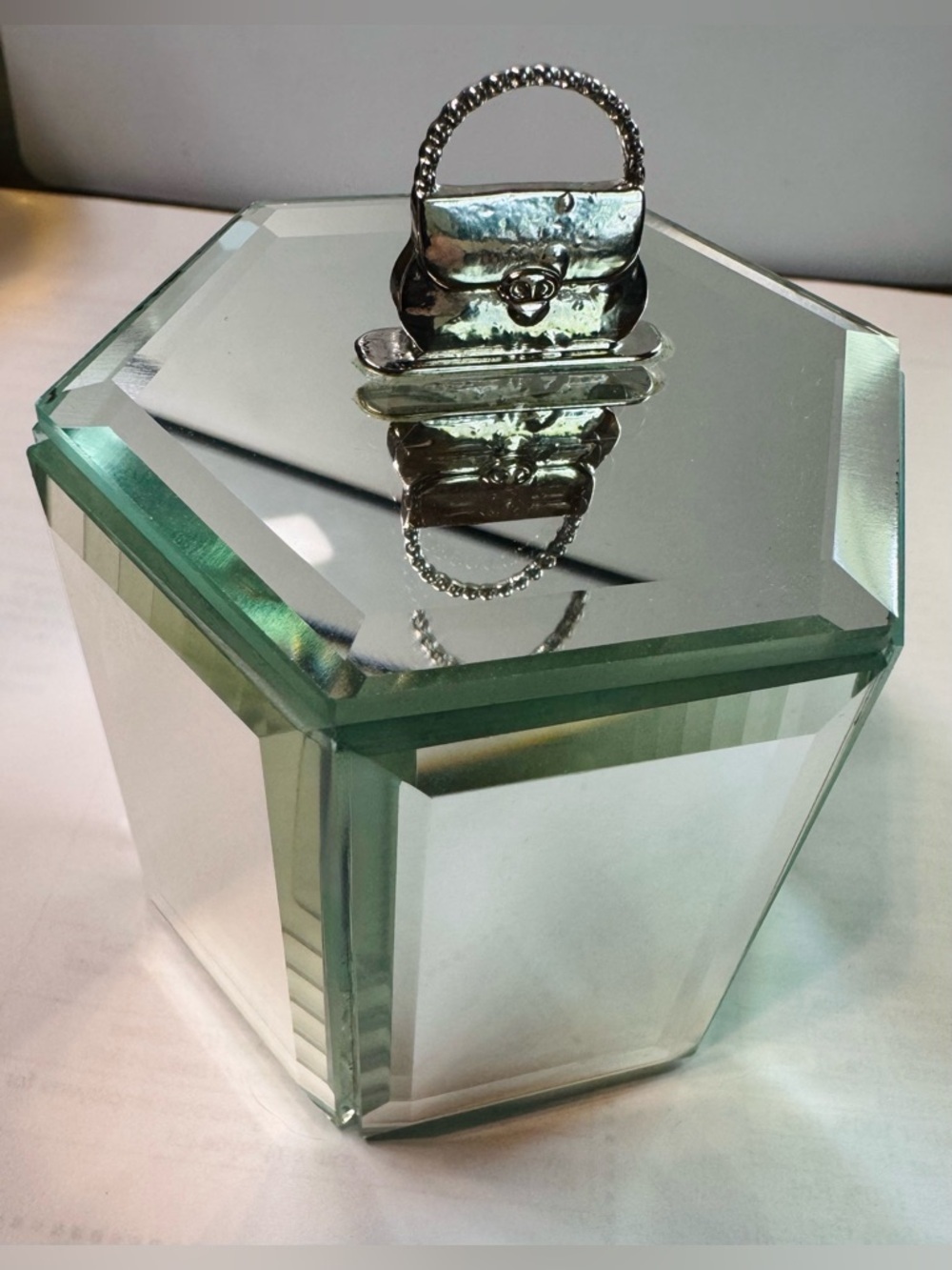 Mirrored Glass Trinket Hexagon Box Purse Handle Lid Jewelry Box Velvet Lined